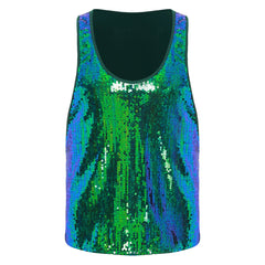 a flat lay of Green Bourbon Street Tease Deep Scoop Sequin Tank - pridevoyageshop.com - gay men's fashion, clubwear, party outfit
