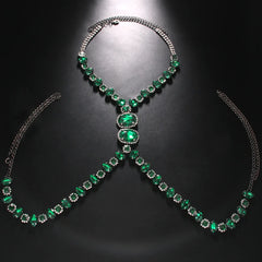 a flat lay of Gunmetal Emerald City Showgirl Gem Harness - pridevoyageshop.com - gay men's harness, fetish gear, rave outfit
