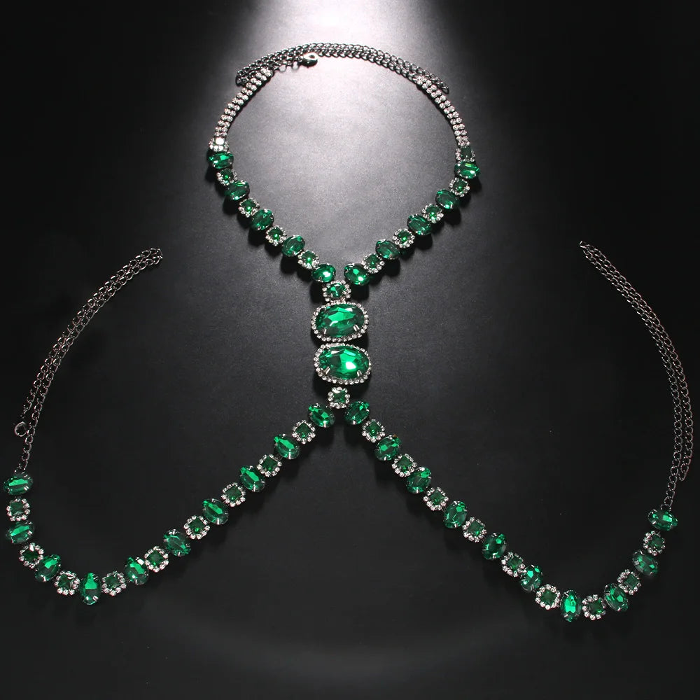 a flat lay of Gunmetal Emerald City Showgirl Gem Harness - pridevoyageshop.com - gay men's harness, fetish gear, rave outfit
