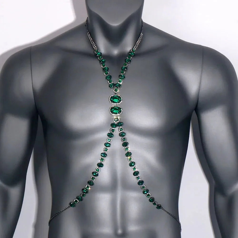 a flat lay of Gunmetal Emerald City Showgirl Gem Harness - pridevoyageshop.com - gay men's harness, fetish gear, rave outfit
