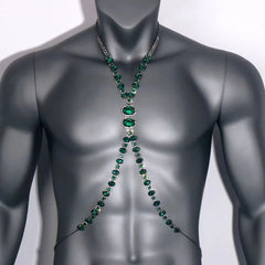 a flat lay of Gunmetal Emerald City Showgirl Gem Harness - pridevoyageshop.com - gay men's harness, fetish gear, rave outfit
