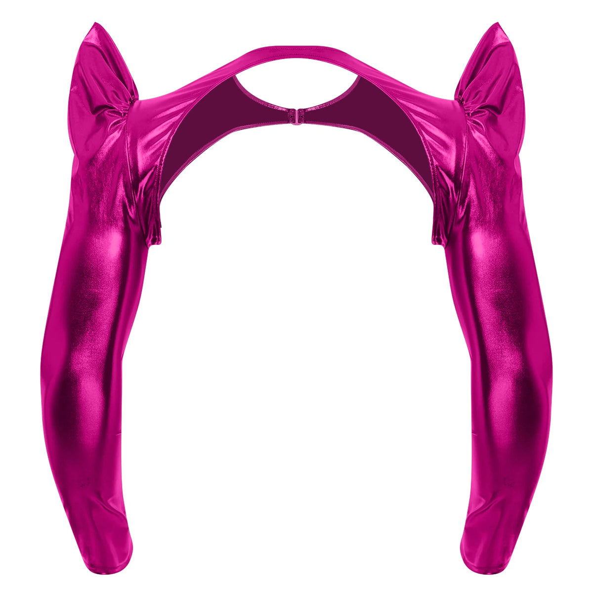 a flat lay of Hot Pink Pop Rocket Metallic Shiny Crop Top - pridevoyageshop.com - gay men's fashion, clubwear, party outfit
