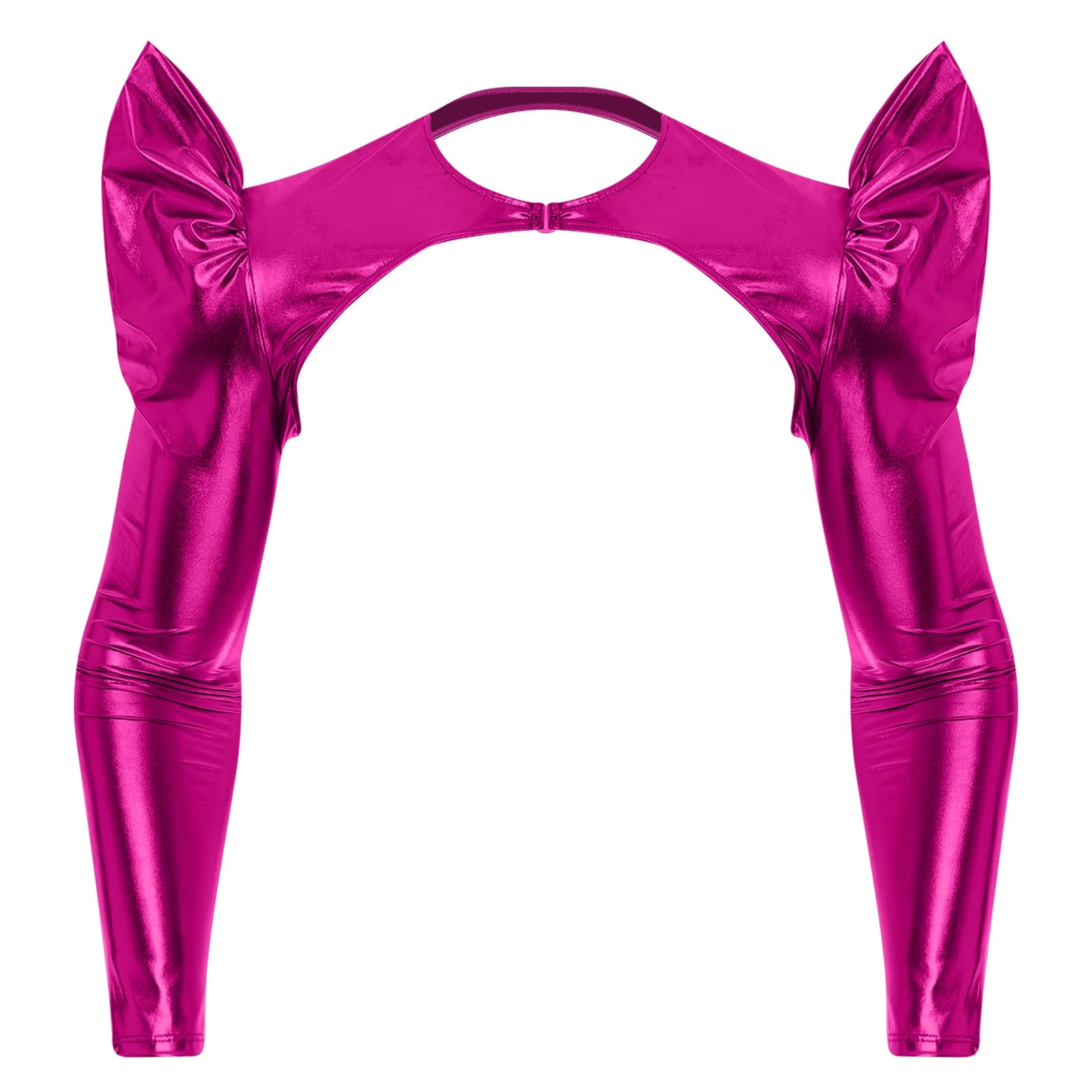 a flat lay of Hot Pink Pop Rocket Metallic Shiny Crop Top - pridevoyageshop.com - gay men's fashion, clubwear, party outfit
