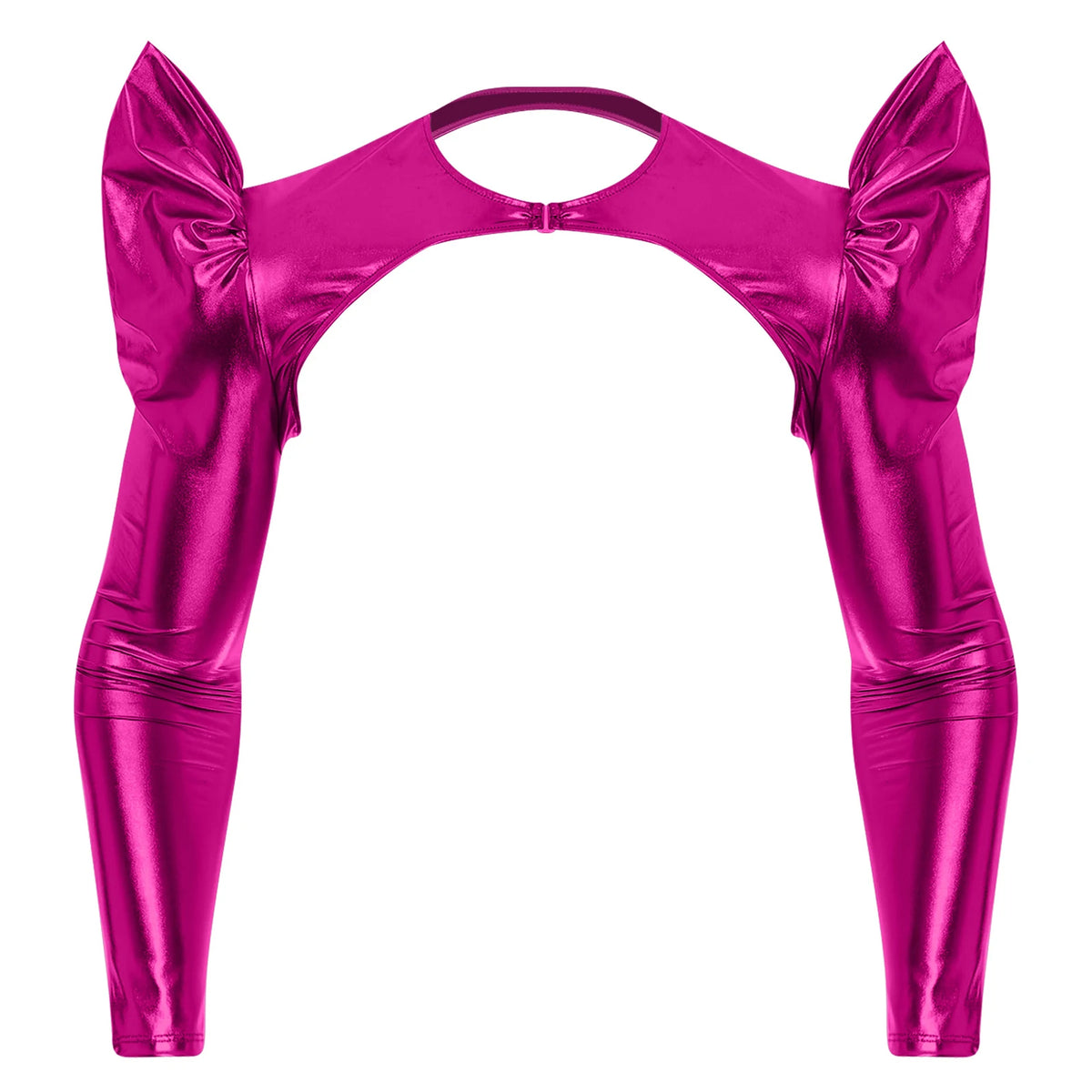 a flat lay of Hot Pink Pop Rocket Metallic Shiny Crop Top - pridevoyageshop.com - gay men's fashion, clubwear, party outfit
