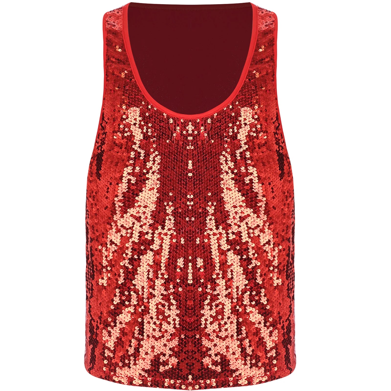 a flat lay of Red Bourbon Street Tease Deep Scoop Sequin Tank - pridevoyageshop.com - gay men's fashion, clubwear, party outfit

