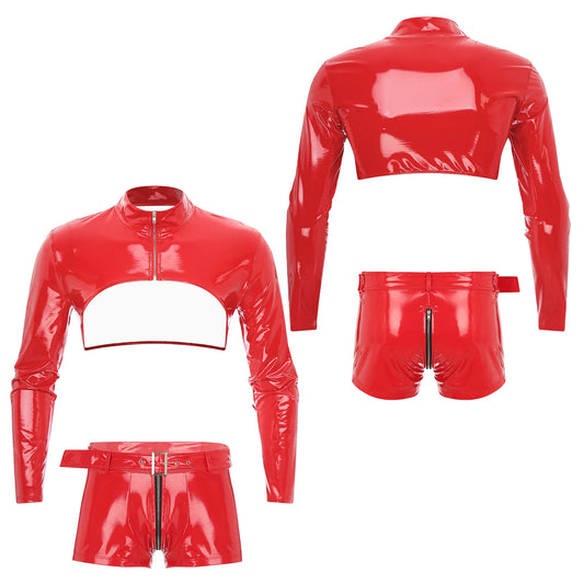 a flat lay of Red Cheer Captain Crotch-Zip Circuit Set - pridevoyageshop.com - gay men's fashion, clubwear, party outfit
