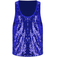 a flat lay of Royal Blue Bourbon Street Tease Deep Scoop Sequin Tank - pridevoyageshop.com - gay men's fashion, clubwear, party outfit

