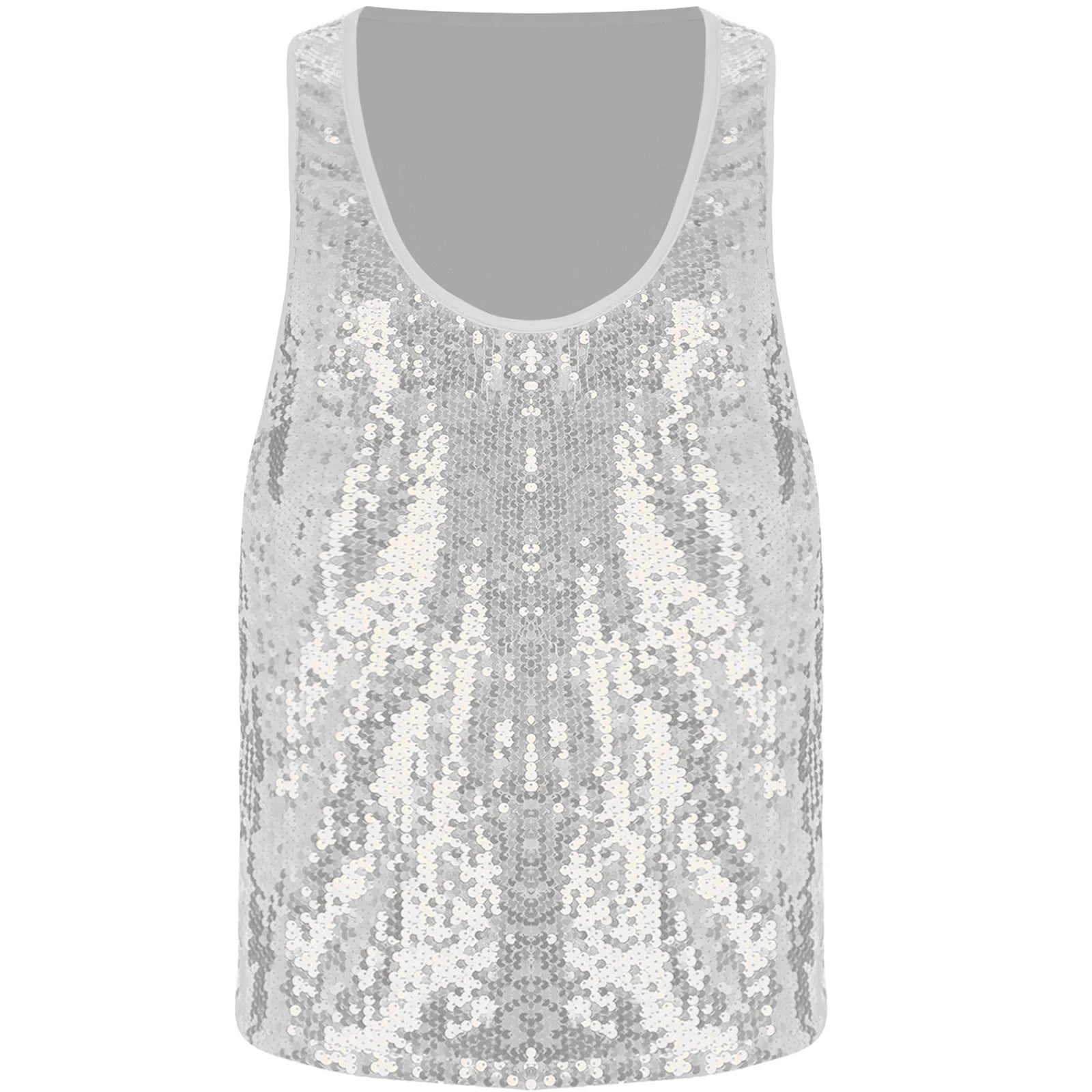 a flat lay of Silver Bourbon Street Tease Deep Scoop Sequin Tank - pridevoyageshop.com - gay men's fashion, clubwear, party outfit
