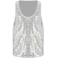 a flat lay of Silver Bourbon Street Tease Deep Scoop Sequin Tank - pridevoyageshop.com - gay men's fashion, clubwear, party outfit

