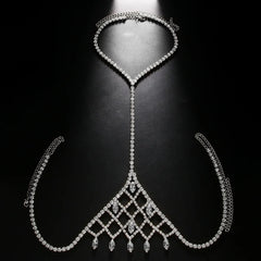 a flat lay of Silver Chelsea Showboy Crystal Body Chain - pridevoyageshop.com - gay men's harness, fetish gear, rave outfit
