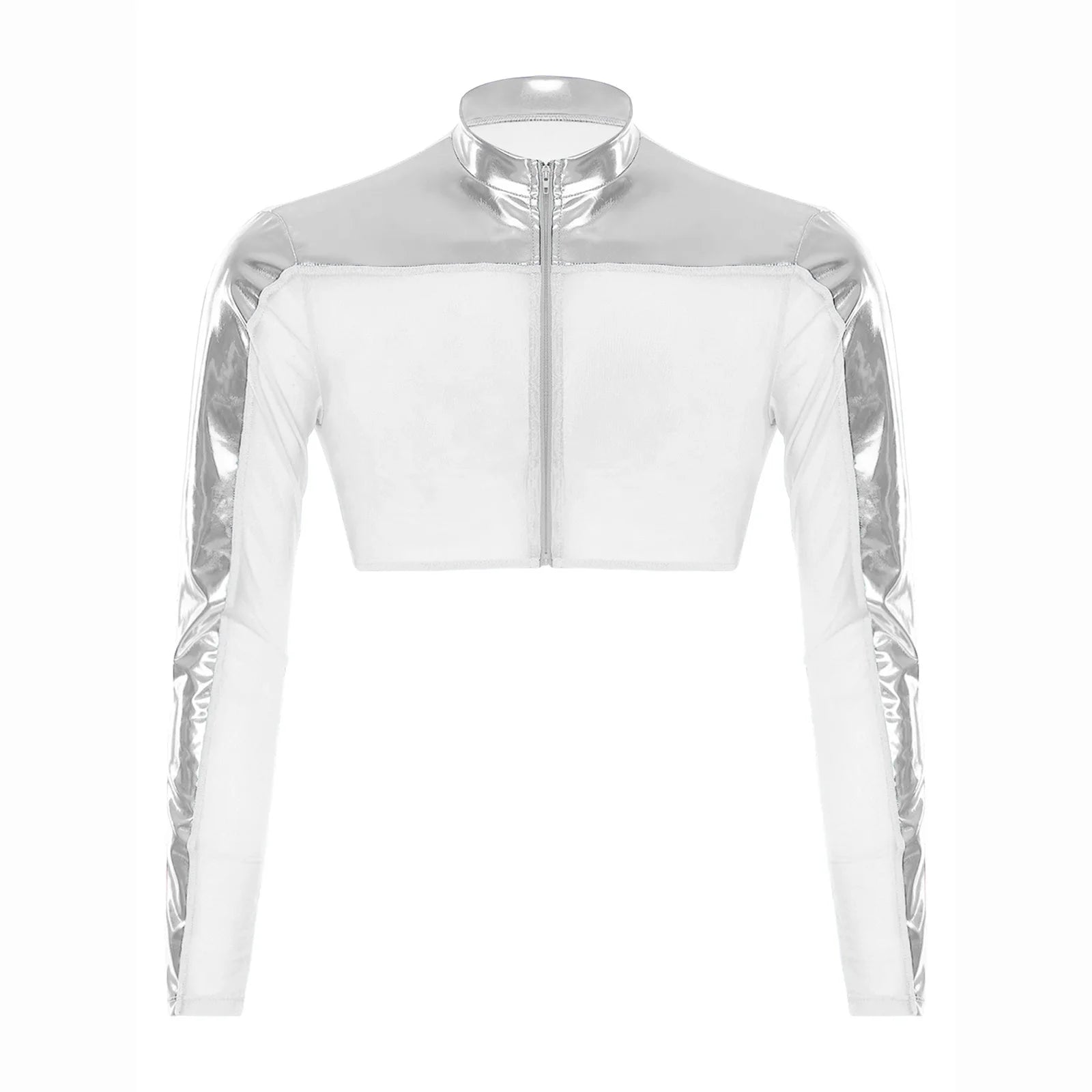 a flat lay of Silver Hyperstrike Crop Jacket - pridevoyageshop.com - gay men's fashion, clubwear, party outfit
