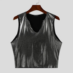 a flat lay of Silver Midnight Lamé Metallic V-Crop - pridevoyageshop.com - gay men's fashion, clubwear, party outfit
