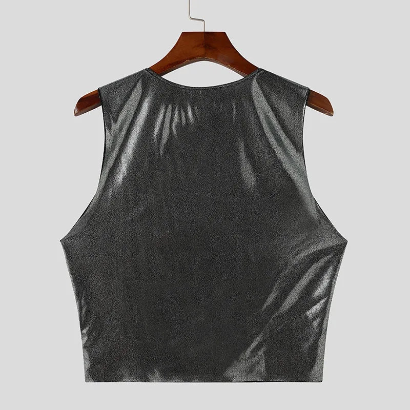 a flat lay of Silver Midnight Lamé Metallic V-Crop - pridevoyageshop.com - gay men's fashion, clubwear, party outfit
