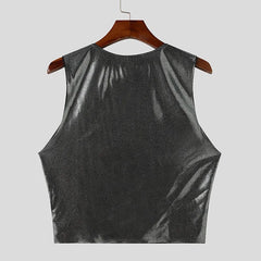 a flat lay of Silver Midnight Lamé Metallic V-Crop - pridevoyageshop.com - gay men's fashion, clubwear, party outfit
