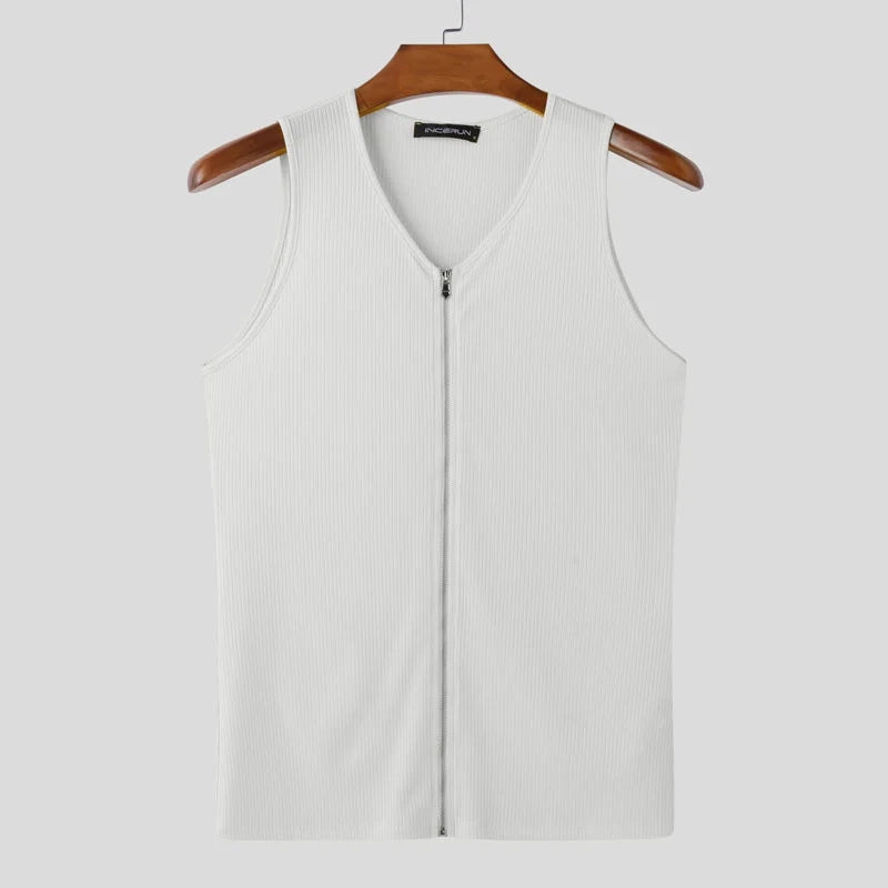 a flat lay of White Door Unlocked Ribbed Zip Tank - pridevoyageshop.com - gay men's fashion, clubwear, party outfit
