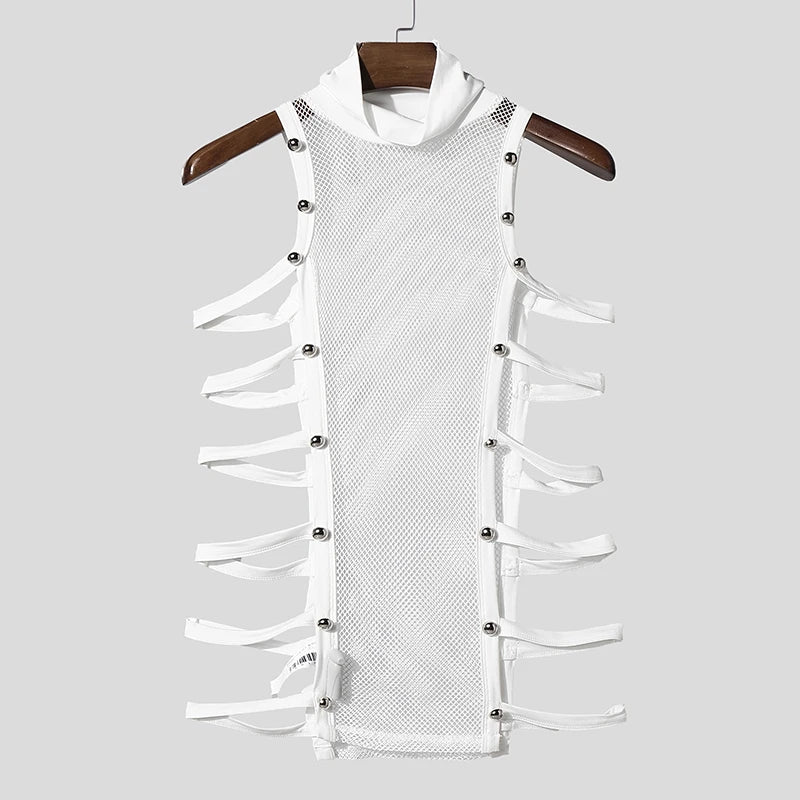 a flat lay of White Folsom Fantasy Studded Mesh Harness Top - pridevoyageshop.com - gay men's harness, fetish gear, rave outfit
