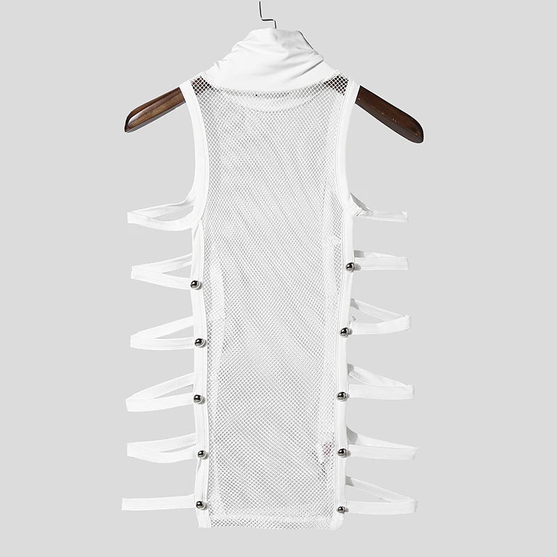 a flat lay of White Folsom Fantasy Studded Mesh Harness Top - pridevoyageshop.com - gay men's harness, fetish gear, rave outfit
