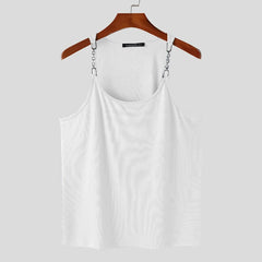a flat lay of White Pull Me Closer Chain Strap Tank - pridevoyageshop.com - gay men's fashion, clubwear, party outfit
