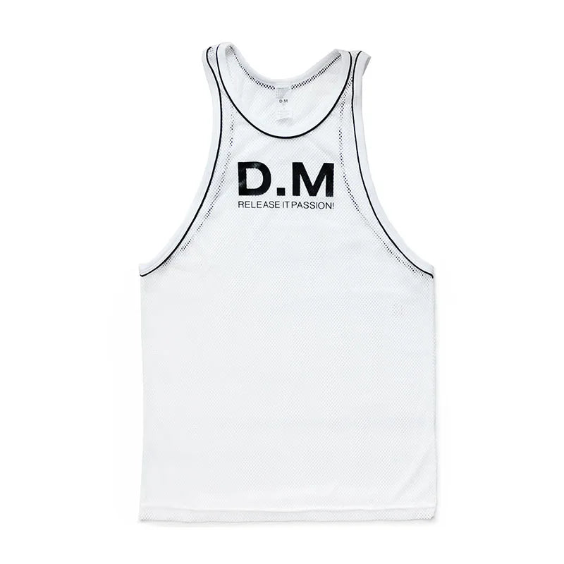 a flat lay of White The DM Is Open Mesh Tank - pridevoyageshop.com - gay men's fashion, clubwear, party outfit
