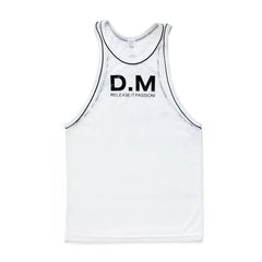 a flat lay of White The DM Is Open Mesh Tank - pridevoyageshop.com - gay men's fashion, clubwear, party outfit
