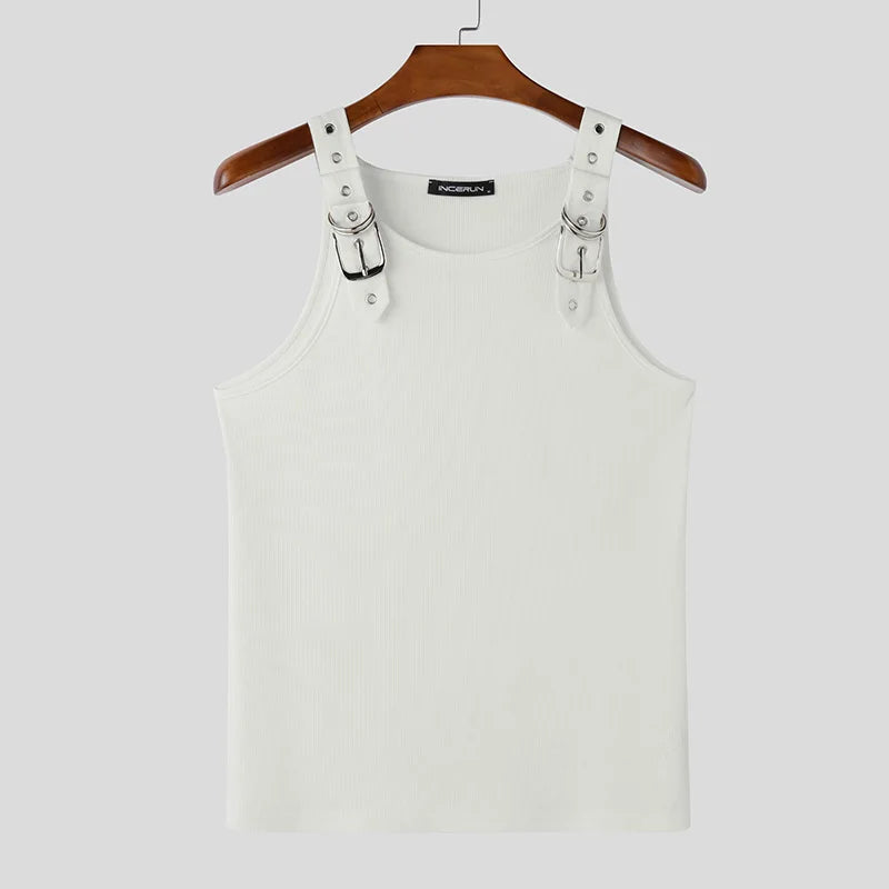 a flat lay of White Warehouse Code Harness Top - pridevoyageshop.com - gay men's harness, fetish gear, rave outfit
