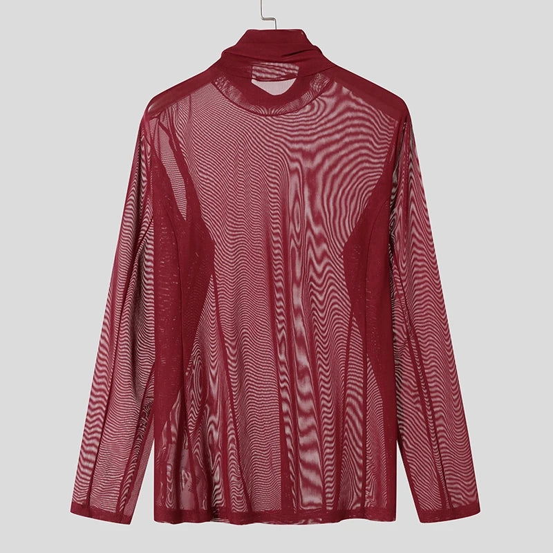 a flat lay of Wine Red Censored Mesh Turtleneck - pridevoyageshop.com - gay men's fashion, clubwear, party outfit
