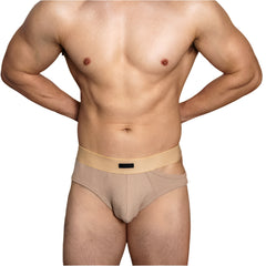 a hot man in Khaki DM Men’s “Side-Slit” Cutout Brief - pridevoyageshop.com - gay men’s thongs, boxers, briefs and jockstraps