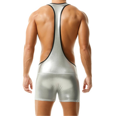 a hot man in Silvery White Men’s Metallic Desire Singlet from Pridevoyageshop