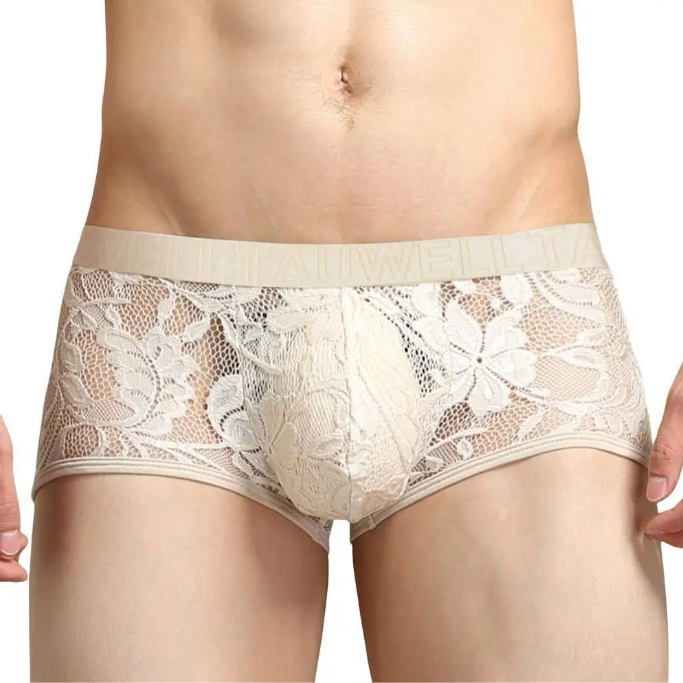 a hot man in beige Queen’s Secret Lace Boxers - pridevoyageshop.com - gay men’s thongs, boxers, briefs and jockstraps