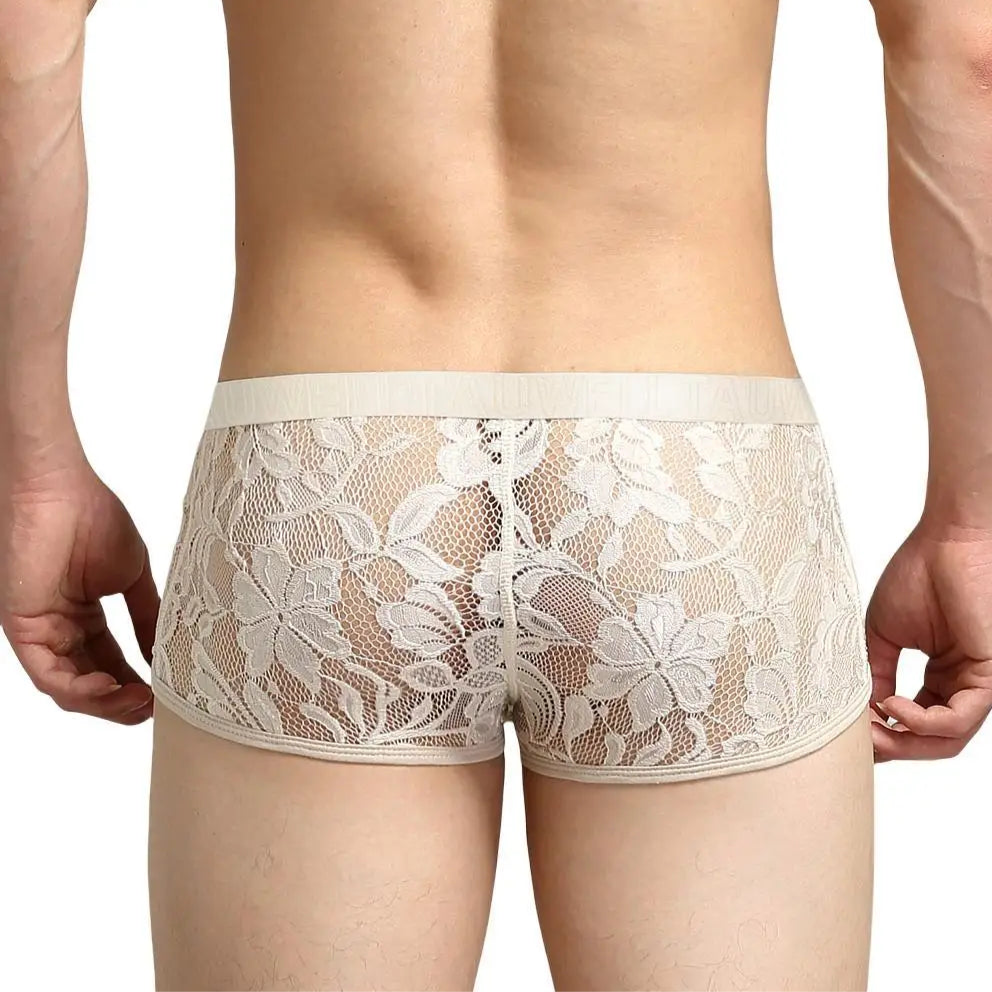 a hot man in beige Queen’s Secret Lace Boxers - pridevoyageshop.com - gay men’s thongs, boxers, briefs and jockstraps