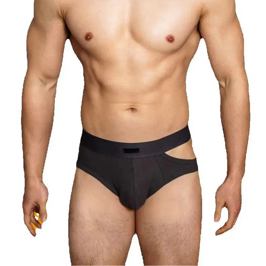 a hot man in black DM Men’s “Side-Slit” Cutout Brief - pridevoyageshop.com - gay men’s thongs, boxers, briefs and jockstraps