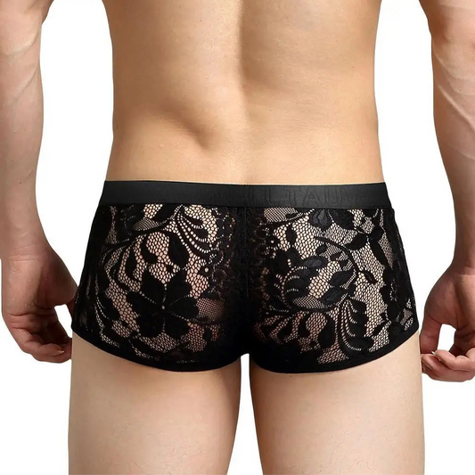 a hot man in black Queen’s Secret Lace Boxers - pridevoyageshop.com - gay men’s thongs, boxers, briefs and jockstraps