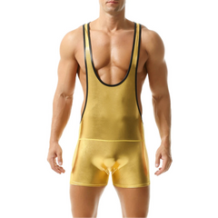 a hot man in gold Men’s Metallic Desire Singlet from Pridevoyageshop