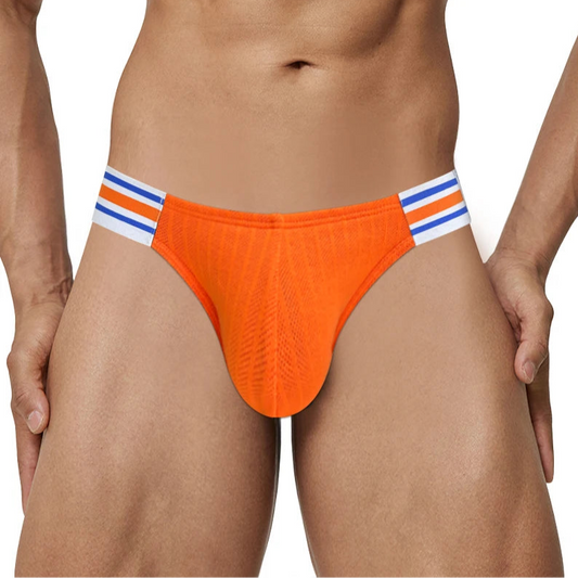 a hot man in orange Men’s “Sporty Bulge” Low-Rise Brief - pridevoyageshop.com - gay men’s thongs, boxers, briefs and jockstraps