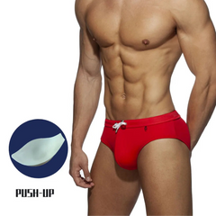 a hot man in red Men's Ass First Aid Swim Briefs with pad - pridevoyageshop.com - gay men’s sexy swim briefs, trunks, board shorts, and bikinis