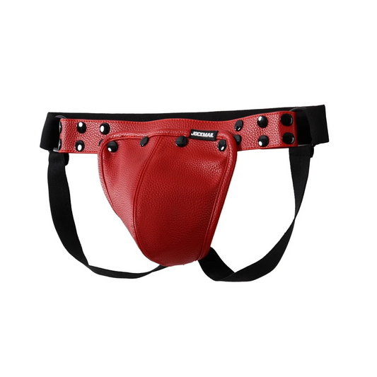 a hot man in red Men’s Studded PU Leather Removable Pouch Jockstrap - pridevoyageshop.com - gay men’s thongs, boxers, briefs and jockstraps