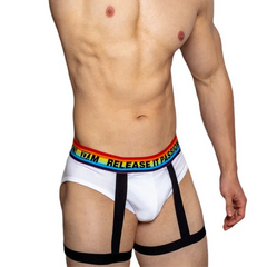 a hot man in white DM Pride Rainbow Passion Garter Briefs - pridevoyageshop.com - gay men’s thongs, boxers, briefs and jockstraps