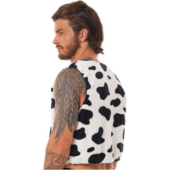 a muscular bearded man wearing a black cow-print milk the moment cowprint vest flexing his chest and posing confidently – pridevoyageshop.com – gay men’s gym tank tops mesh tank tops clubwear fashion tops and activewear