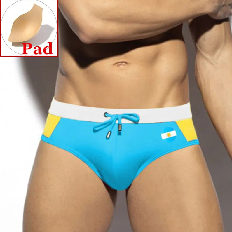 a sexy man in Argentina flag Men’s World Play National Flags Swim Briefs with pad - pridevoyageshop.com - gay men’s sexy swim briefs, trunks, board shorts, and bikinis