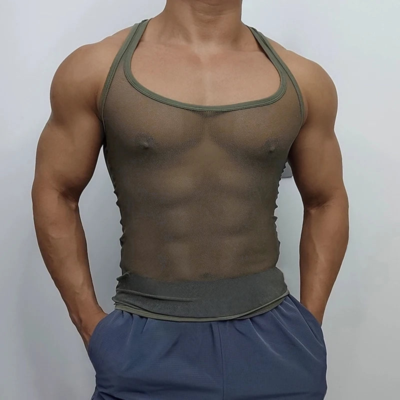 a sexy man in Army Green Boys’ Night Party Mesh Tank - pridevoyageshop.com - gay men's fashion, clubwear, party outfit
