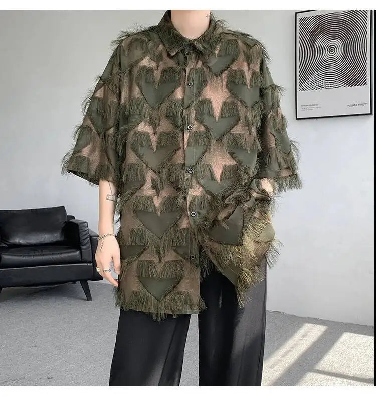 a sexy man in Army Green Starfall Fringe Shirt - pridevoyageshop.com - gay men's fashion, clubwear, party outfit
