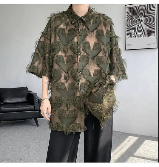 a sexy man in Army Green Starfall Fringe Shirt - pridevoyageshop.com - gay men's fashion, clubwear, party outfit
