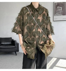 a sexy man in Army Green Starfall Fringe Shirt - pridevoyageshop.com - gay men's fashion, clubwear, party outfit
