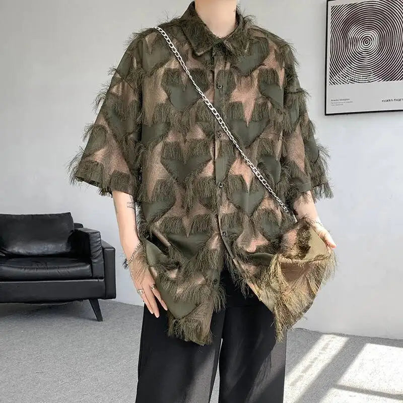 a sexy man in Army Green Starfall Fringe Shirt - pridevoyageshop.com - gay men's fashion, clubwear, party outfit
