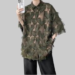 a sexy man in Army Green Starfall Fringe Shirt - pridevoyageshop.com - gay men's fashion, clubwear, party outfit
