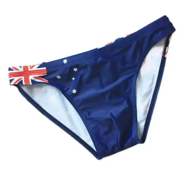 a sexy man in Australia flag Men’s Flag Frenzy Swim Briefs - pridevoyageshop.com - gay men’s sexy swim briefs, trunks, board shorts, and bikinis