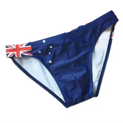 a sexy man in Australia flag Men’s Flag Frenzy Swim Briefs - pridevoyageshop.com - gay men’s sexy swim briefs, trunks, board shorts, and bikinis