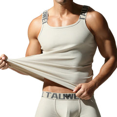 a sexy man in Beige White Muscle Mary Ribbed Strap Top - pridevoyageshop.com - gay men's fashion, clubwear, party outfit
