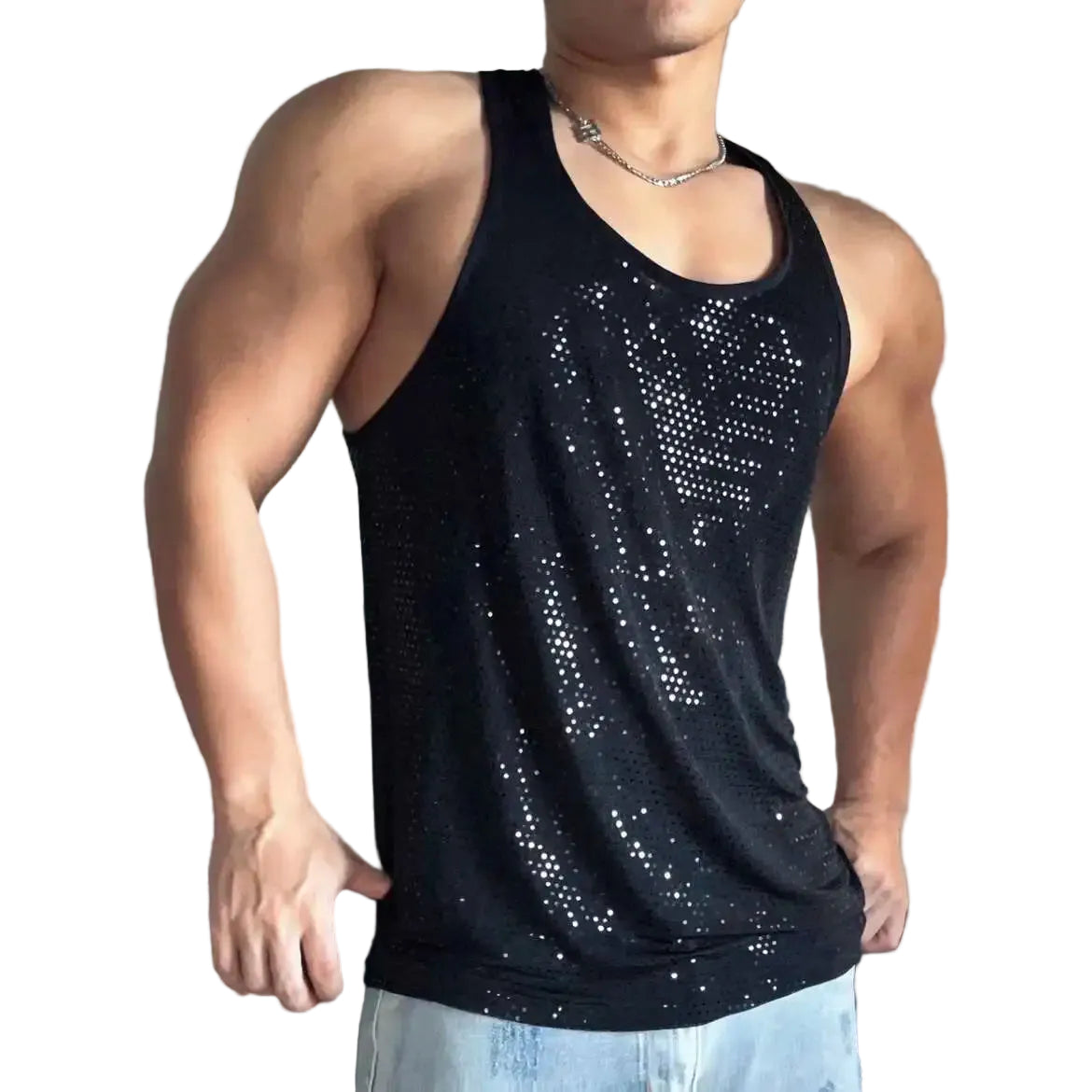 a sexy man in Black Back Bar Sequin Racerback Tank - pridevoyageshop.com - gay men's fashion, clubwear, party outfit
