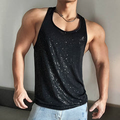 a sexy man in Black Back Bar Sequin Racerback Tank - pridevoyageshop.com - gay men's fashion, clubwear, party outfit
